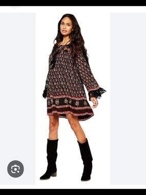 Free People Nomad Wild Child Boho Printed Lace-Trim Swing Dress in Black and Red